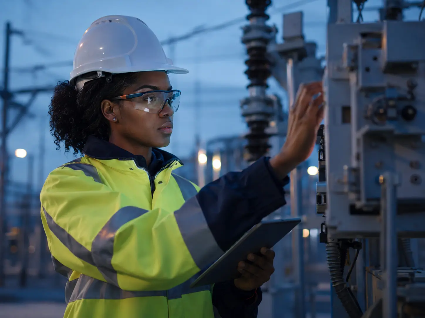 Utility field worker inspecting infrastructure as part of a safety checklist workflow.