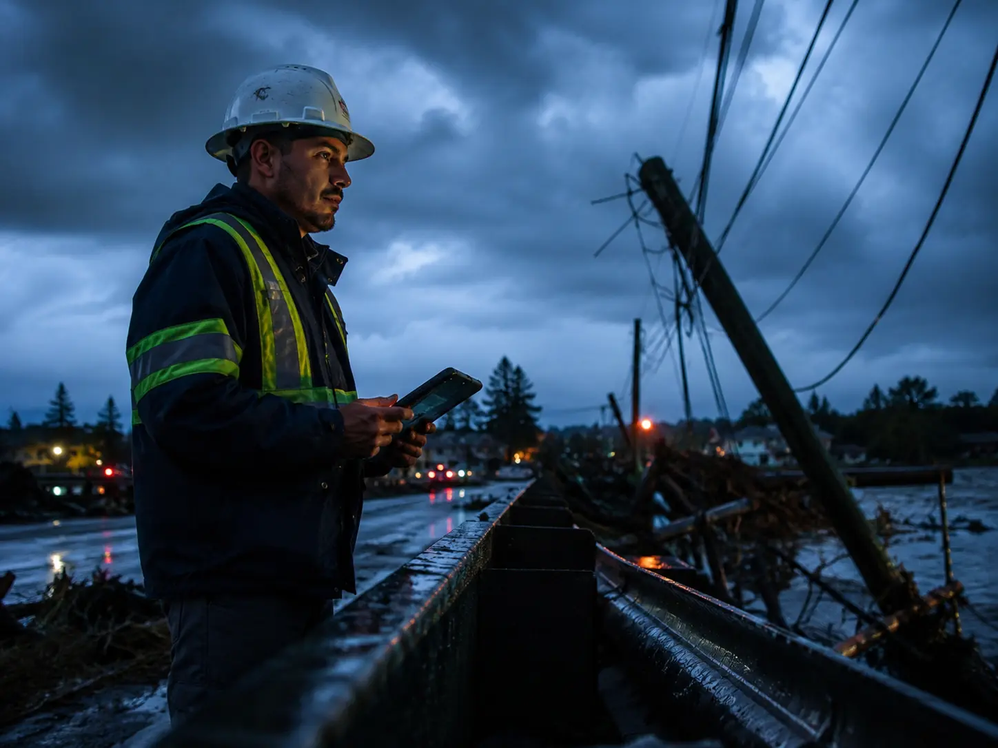 Utility field worker documenting storm or outage damage with a tablet.