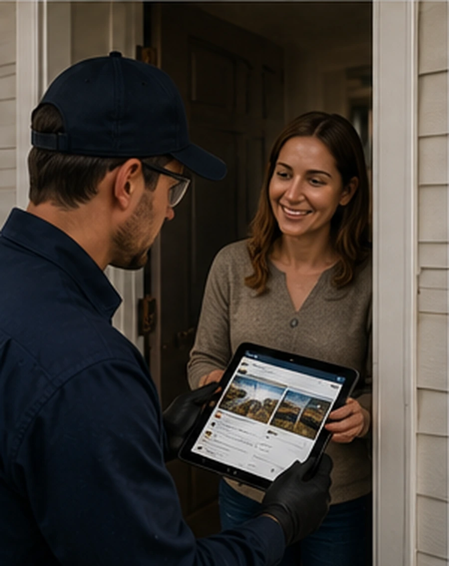 Technician sharing customer close-out documentation.