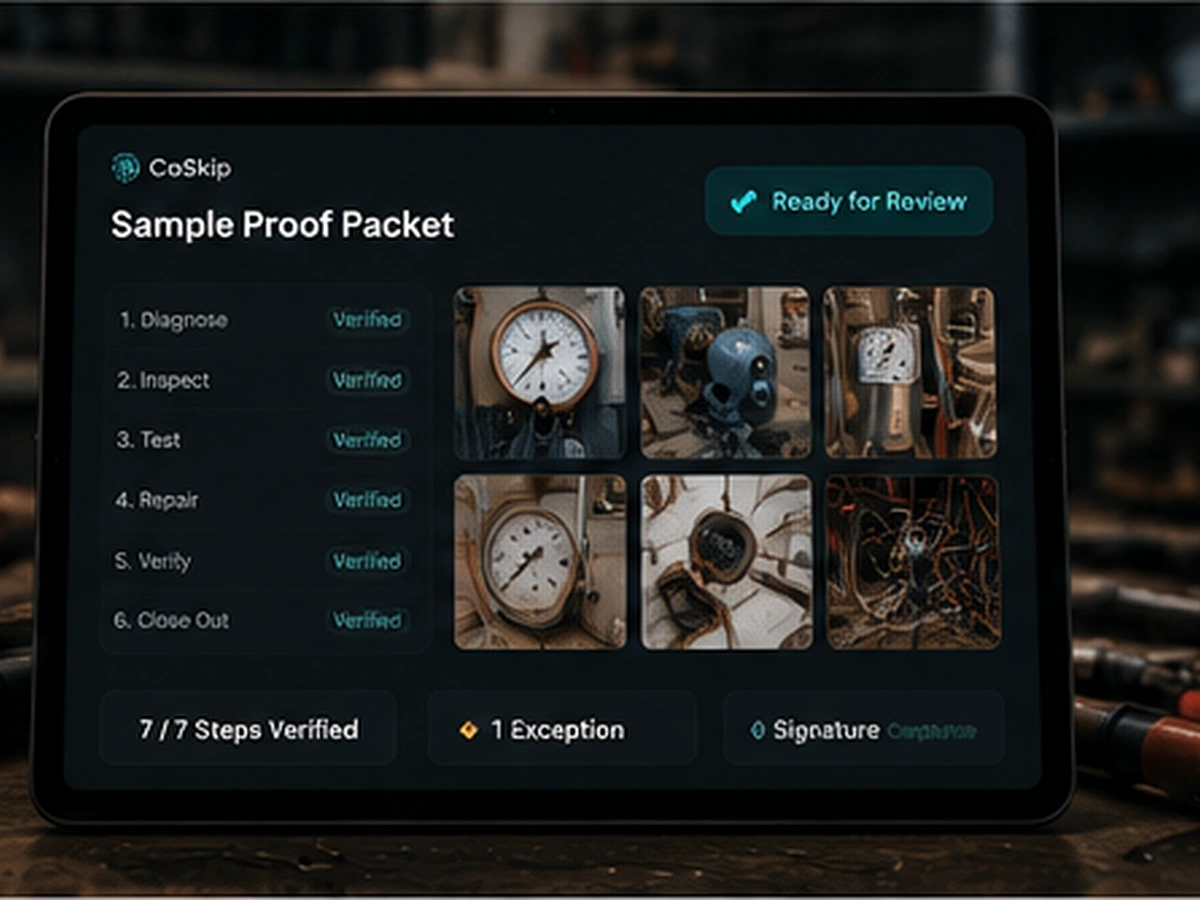 CoSkip proof packet preview showing verified steps and captured evidence.