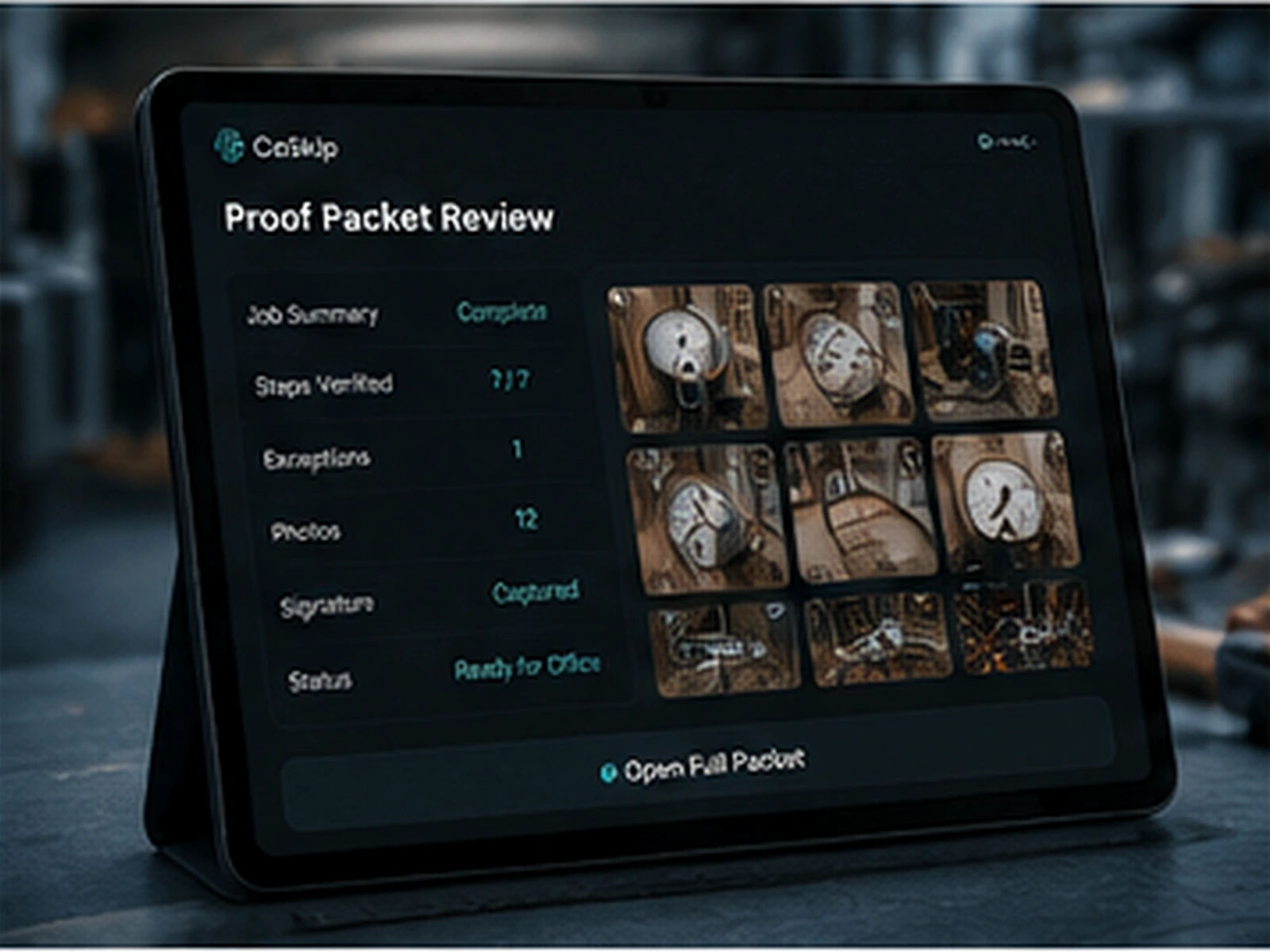 CoSkip proof packet review visual showing evidence tiles, timestamps, exception status, and supervisor review.