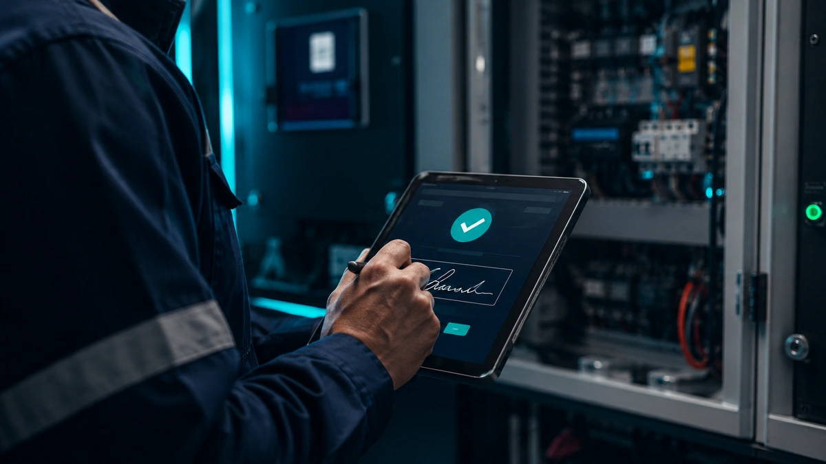 Technician attestation captured on a tablet for close-out proof.