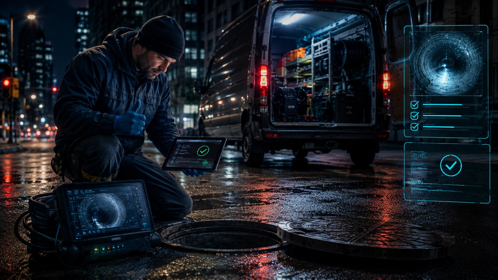Customer recommendation note and follow-up evidence for a sewer service record.
