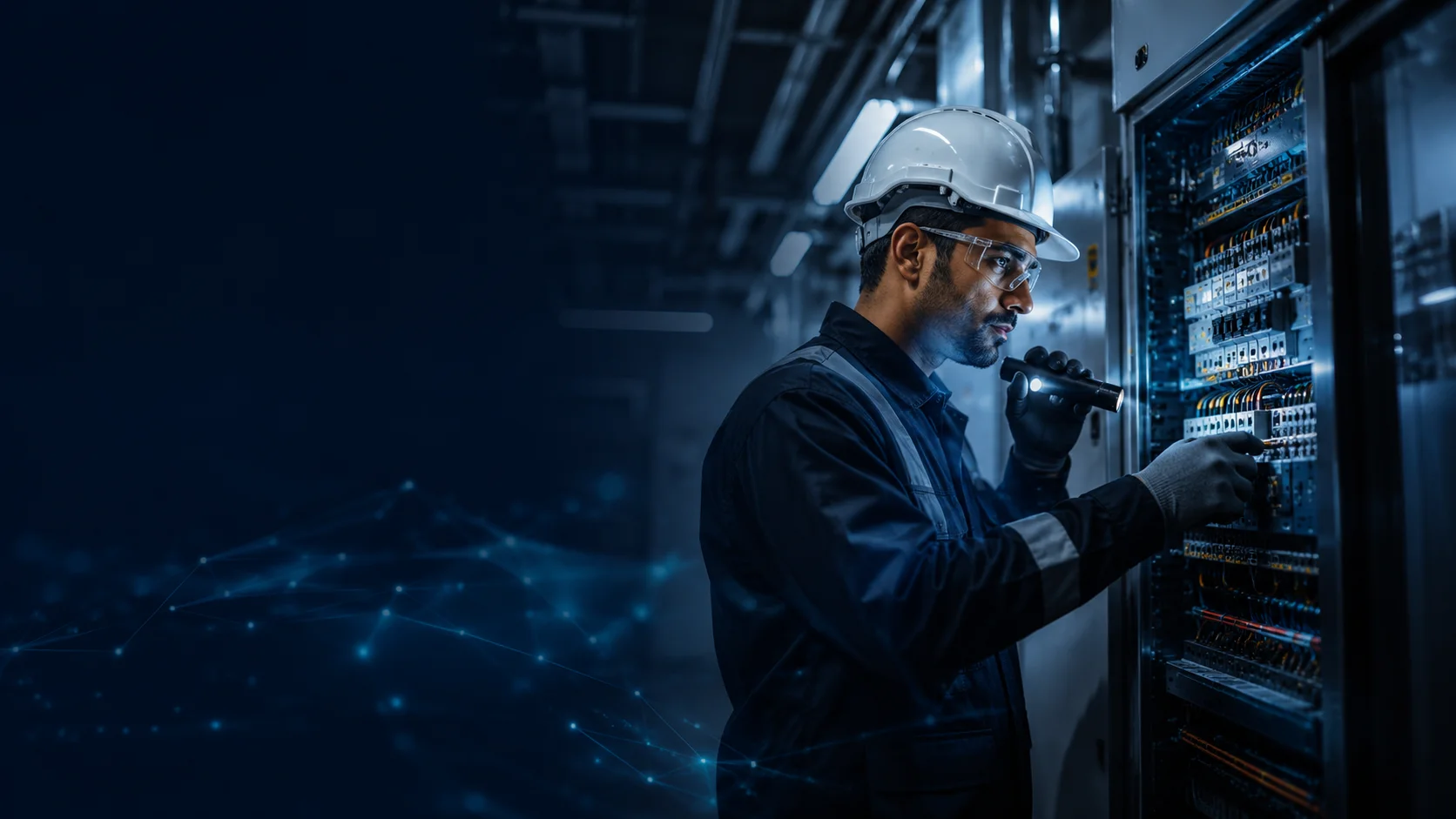 Electrical technician inspecting a panel for guided proof capture.