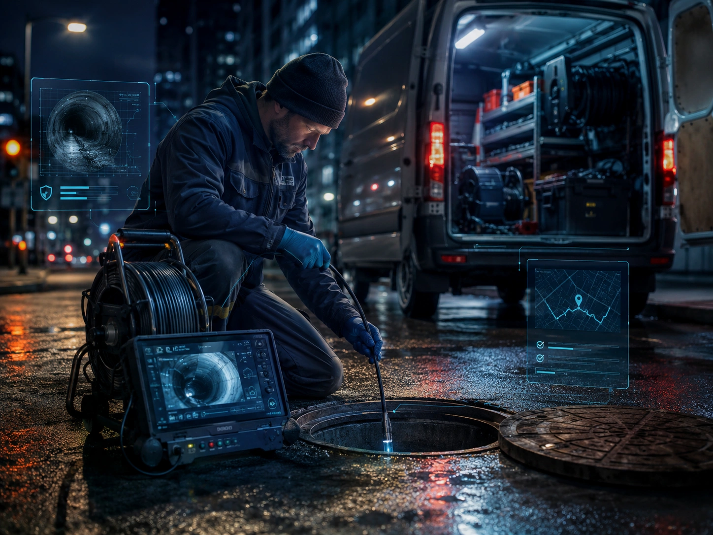 Sewer camera inspection workflow showing a technician capturing pipe inspection evidence.
