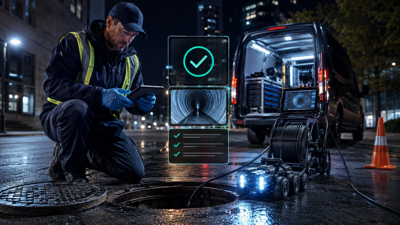 Sewer and drain technician completing a proof-ready close-out after a guided field workflow.