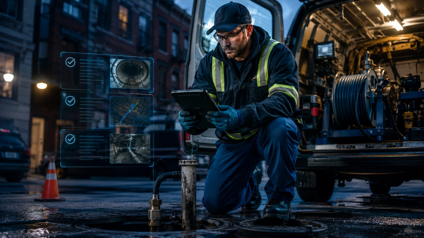 Sewer and drain technician using CoSkip-style field guidance and proof capture beside a service vehicle.