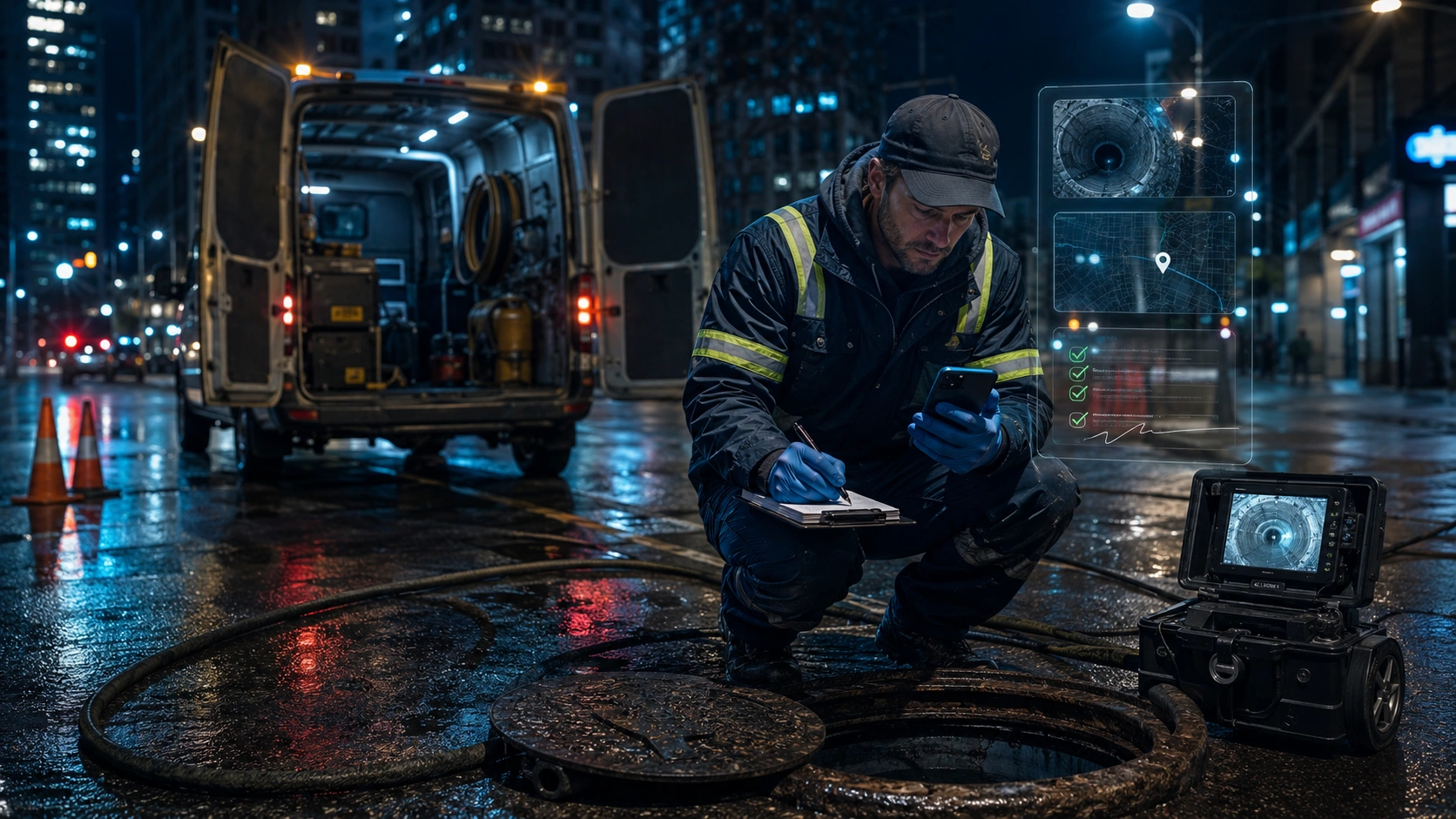 Sewer and drain technician documenting field evidence during a service call with proof capture context.