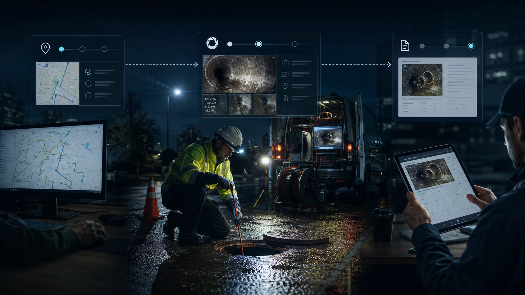 Sewer and drain pilot workflow visual showing one repeatable workflow moving from inspection to evidence review and close-out.