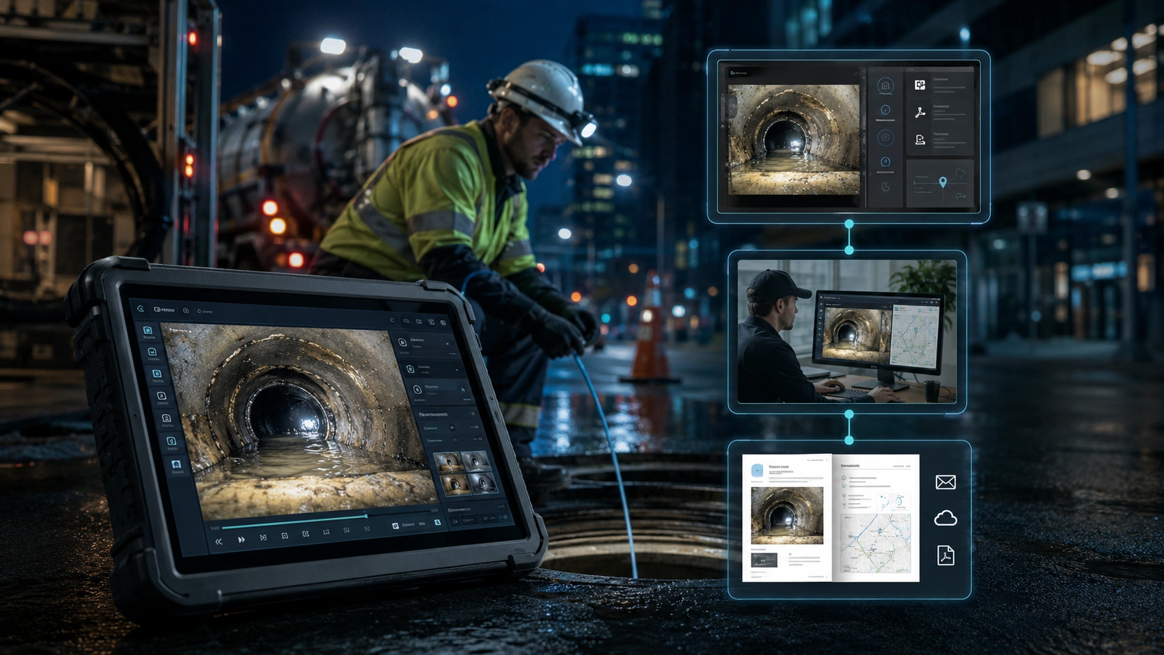 Sewer and drain review path visual showing field capture, supervisor review, customer-ready proof packet, and system export.