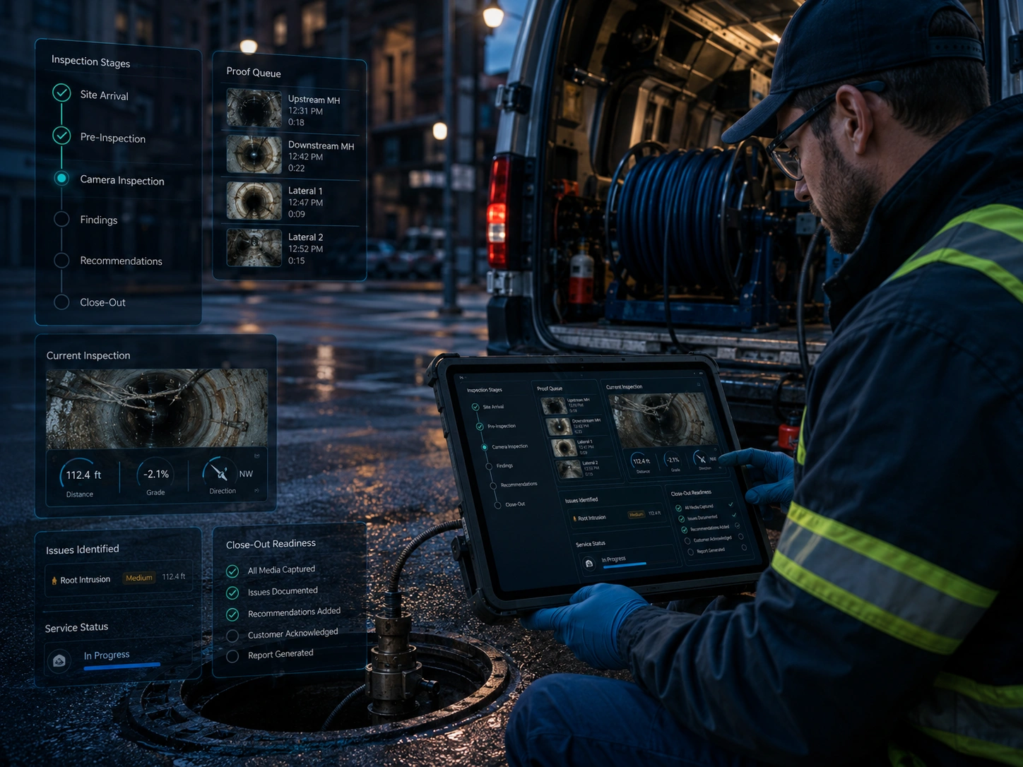 CoSkip sewer and drain workflow cockpit showing inspection stages, camera evidence, issue tracking, and close-out readiness.