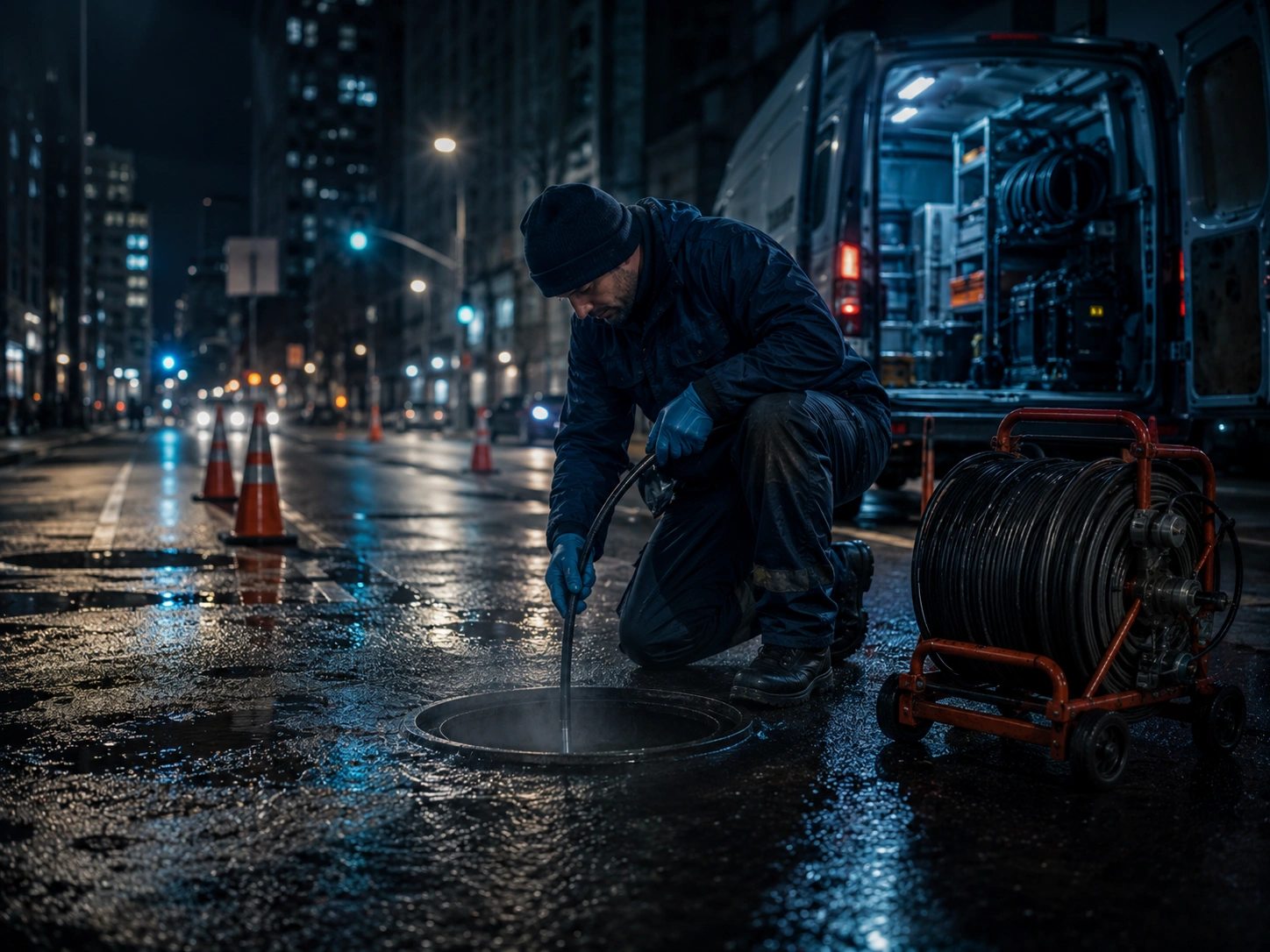 Main sewer line clearing workflow with drain cleaning equipment and documented service progress.