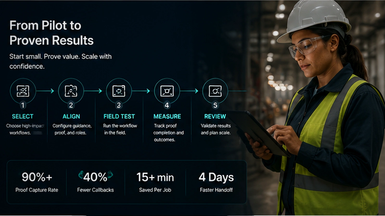 CoSkip use-case pilot visual showing workflow examples and proof review across field teams.